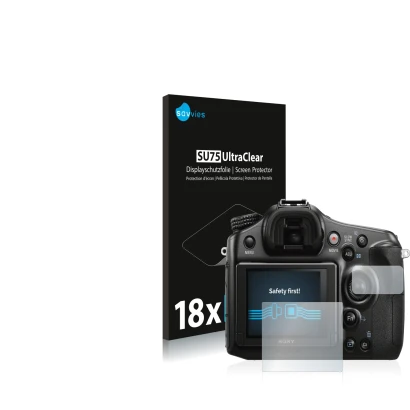 Vorderseite einer Produktverpackung mit dem Markenlogo Savvies. Daneben ist das Gerät Sony Alpha 68 mit dem zugehörigen Displa