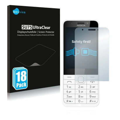 Vorderseite einer Produktverpackung mit dem Markenlogo Savvies. Daneben ist das Gerät Nokia 230 mit dem zugehörigen Displaysch