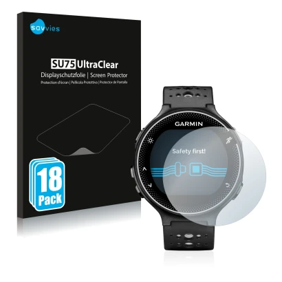 Vorderseite einer Produktverpackung mit dem Markenlogo Savvies. Daneben ist das Gerät Garmin Forerunner 230 mit dem zugehörige