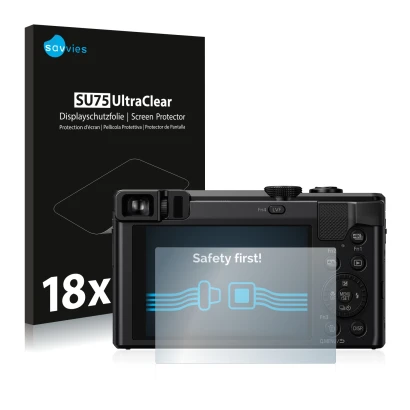 Vorderseite einer Produktverpackung mit dem Markenlogo Savvies. Daneben ist das Gerät Panasonic Lumix DMC-TZ81 mit dem zugehör