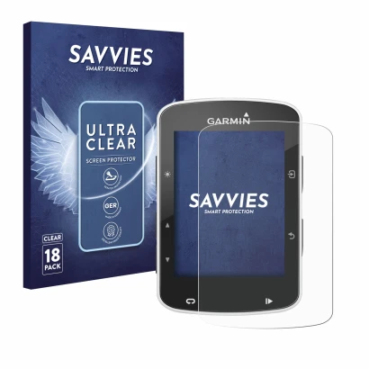 Vorderseite einer Produktverpackung mit dem Markenlogo Savvies. Daneben ist das Gerät Garmin Edge 820 mit dem zugehörigen Disp
