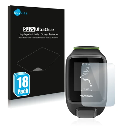 Vorderseite einer Produktverpackung mit dem Markenlogo Savvies. Daneben ist das Gerät TomTom Runner 3 mit dem zugehörigen Disp