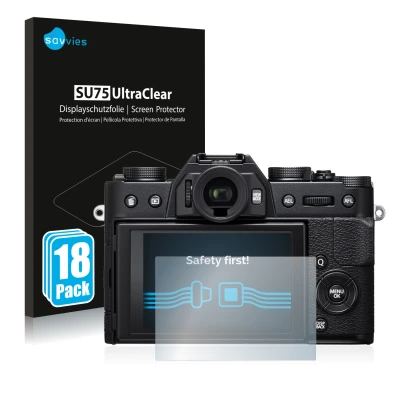 Vorderseite einer Produktverpackung mit dem Markenlogo Savvies. Daneben ist das Gerät Fujifilm X-T20 mit dem zugehörigen Displ