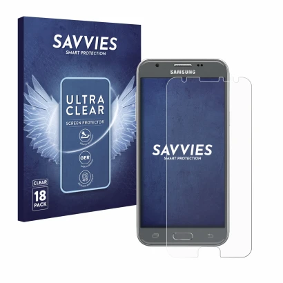 Vorderseite einer Produktverpackung mit dem Markenlogo Savvies. Daneben ist das Gerät Samsung Galaxy J3 2017 mit dem zugehörig