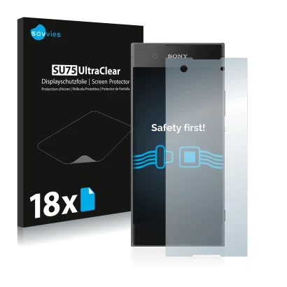 Vorderseite einer Produktverpackung mit dem Markenlogo Savvies. Daneben ist das Gerät Sony Xperia XA1 mit dem zugehörigen Disp