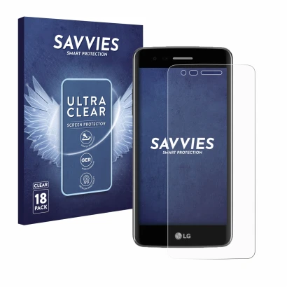 Vorderseite einer Produktverpackung mit dem Markenlogo Savvies. Daneben ist das Gerät LG K8 2017 mit dem zugehörigen Displaysc