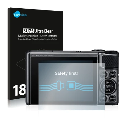 Vorderseite einer Produktverpackung mit dem Markenlogo Savvies. Daneben ist das Gerät Canon PowerShot SX730 HS mit dem zugehör