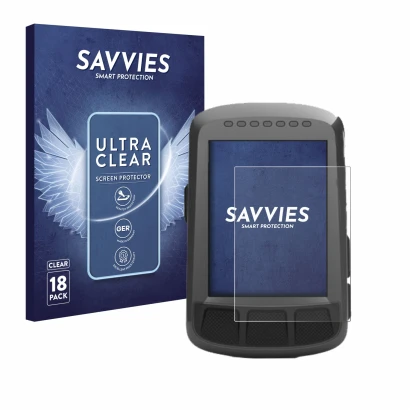 Vorderseite einer Produktverpackung mit dem Markenlogo Savvies. Daneben ist das Gerät Wahoo Elemnt Bolt GPS mit dem zugehörige