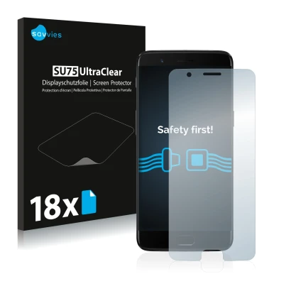 Vorderseite einer Produktverpackung mit dem Markenlogo Savvies. Daneben ist das Gerät OnePlus 5 mit dem zugehörigen Displaysch