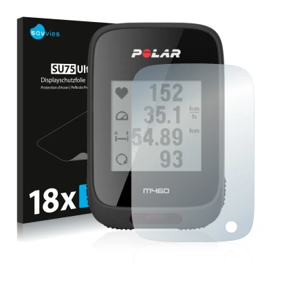 Vorderseite einer Produktverpackung mit dem Markenlogo Savvies. Daneben ist das Gerät Polar M460 mit dem zugehörigen Displaysc