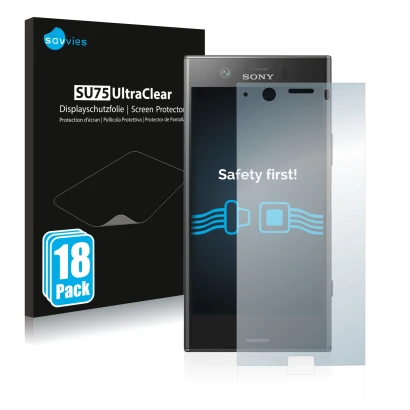 Vorderseite einer Produktverpackung mit dem Markenlogo Savvies. Daneben ist das Gerät Sony Xperia XZ1 Compact mit dem zugehöri