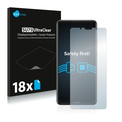 Vorderseite einer Produktverpackung mit dem Markenlogo Savvies. Daneben ist das Gerät Huawei Mate 10 Pro mit dem zugehörigen D