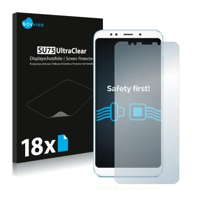 Vorderseite einer Produktverpackung mit dem Markenlogo Savvies. Daneben ist das Gerät Xiaomi Redmi 5 Plus mit dem zugehörigen 