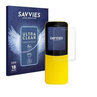 Vorderseite einer Produktverpackung mit dem Markenlogo Savvies. Daneben ist das Gerät Nokia 8110 mit dem zugehörigen Displaysc