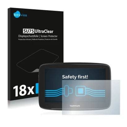 Vorderseite einer Produktverpackung mit dem Markenlogo Savvies. Daneben ist das Gerät TomTom GO Basic (6") mit dem zugehörigen