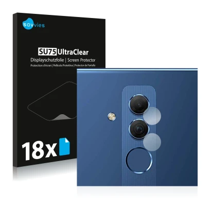 Vorderseite einer Produktverpackung mit dem Markenlogo Savvies. Daneben ist das Gerät Huawei Mate 20 lite (NUR Kameraschutz) m