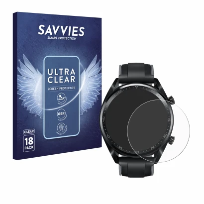 Vorderseite einer Produktverpackung mit dem Markenlogo Savvies. Daneben ist das Gerät Huawei Watch GT (46 mm) 2018 mit dem zug