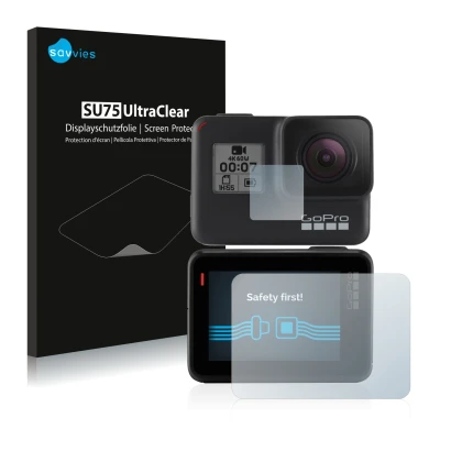 Vorderseite einer Produktverpackung mit dem Markenlogo Savvies. Daneben ist das Gerät GoPro Hero 7 Black mit dem zugehörigen D