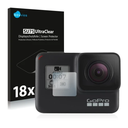 Vorderseite einer Produktverpackung mit dem Markenlogo Savvies. Daneben ist das Gerät GoPro Hero 7 Black (Vorderes Display) mi