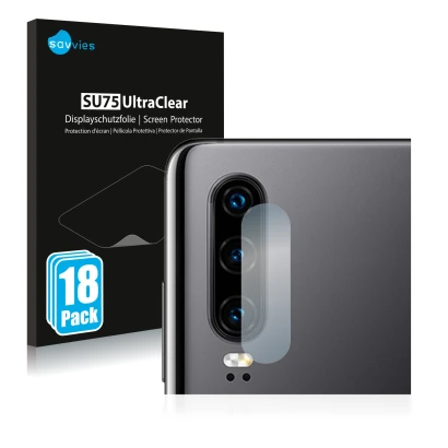 Vorderseite einer Produktverpackung mit dem Markenlogo Savvies. Daneben ist das Gerät Huawei P30 (NUR Kameraschutz) mit dem zu