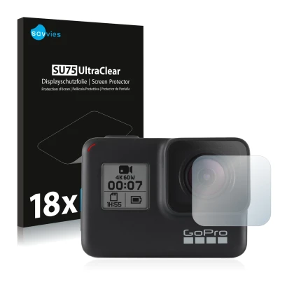 Vorderseite einer Produktverpackung mit dem Markenlogo Savvies. Daneben ist das Gerät GoPro Hero 7 Black (Linse) mit dem zugeh