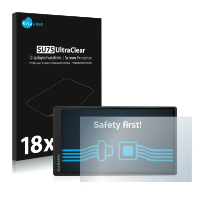 Vorderseite einer Produktverpackung mit dem Markenlogo Savvies. Daneben ist das Gerät Garmin DriveSmart 55 mit dem zugehörigen