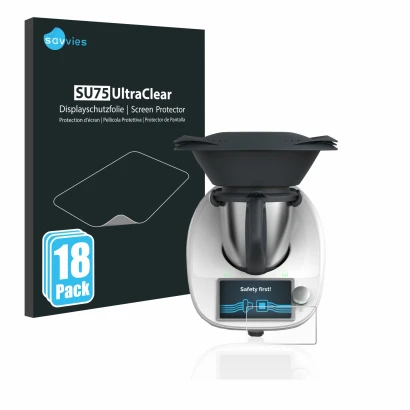 Vorderseite einer Produktverpackung mit dem Markenlogo Savvies. Daneben ist das Gerät Vorwerk Thermomix TM6 mit dem zugehörige