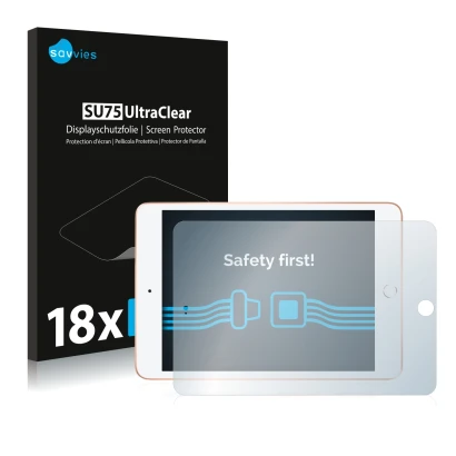 Vorderseite einer Produktverpackung mit dem Markenlogo Savvies. Daneben ist das Gerät Apple iPad Mini 5 2019 (im Querformat, 5