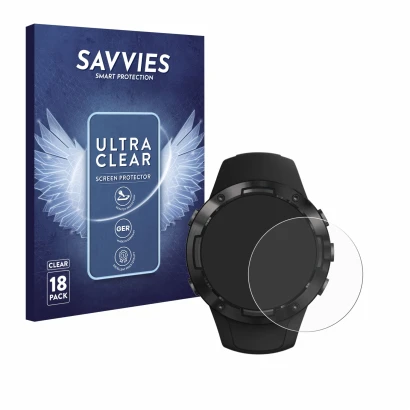 Vorderseite einer Produktverpackung mit dem Markenlogo Savvies. Daneben ist das Gerät Suunto 5 mit dem zugehörigen Displayschu