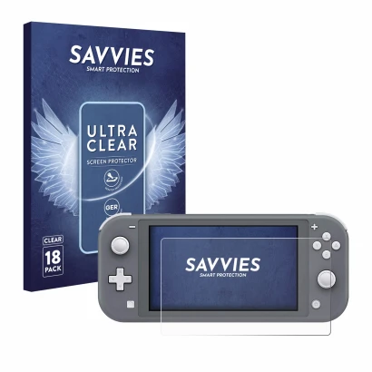 Vorderseite einer Produktverpackung mit dem Markenlogo Savvies. Daneben ist das Gerät Nintendo Switch Lite mit dem zugehörigen