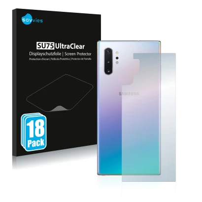 Vorderseite einer Produktverpackung mit dem Markenlogo Savvies. Daneben ist das Gerät Samsung Galaxy Note 10 Plus (Rückseite) 