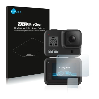 Vorderseite einer Produktverpackung mit dem Markenlogo Savvies. Daneben ist das Gerät GoPro Hero 8 Black mit dem zugehörigen D