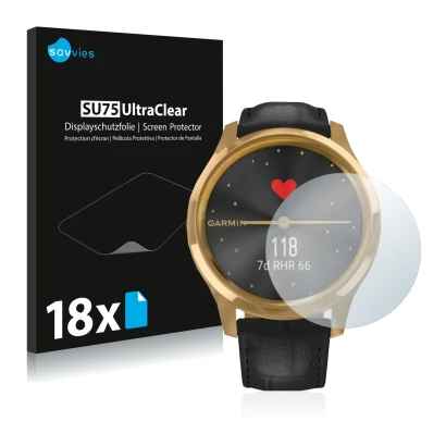 Vorderseite einer Produktverpackung mit dem Markenlogo Savvies. Daneben ist das Gerät Garmin vivomove Luxe (42 mm) mit dem zug