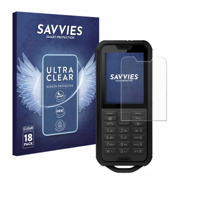 Vorderseite einer Produktverpackung mit dem Markenlogo Savvies. Daneben ist das Gerät Nokia 800 Tough mit dem zugehörigen Disp