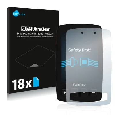 Vorderseite einer Produktverpackung mit dem Markenlogo Savvies. Daneben ist das Gerät TwoNav Trail 2 mit dem zugehörigen Displ