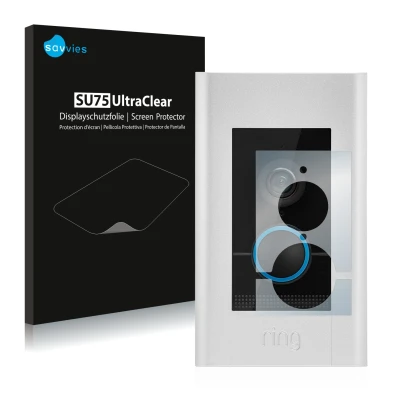 Vorderseite einer Produktverpackung mit dem Markenlogo Savvies. Daneben ist das Gerät Ring Video Doorbell Elite mit dem zugehö