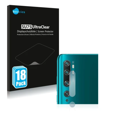 Vorderseite einer Produktverpackung mit dem Markenlogo Savvies. Daneben ist das Gerät Xiaomi Mi Note 10 Pro (NUR Kameraschutz)