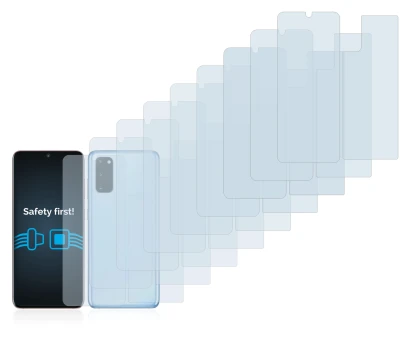 Abbildung des Geräts Samsung Galaxy S20 (Display+Rückseite) mit einer Vielzahl des Displayschutzes.