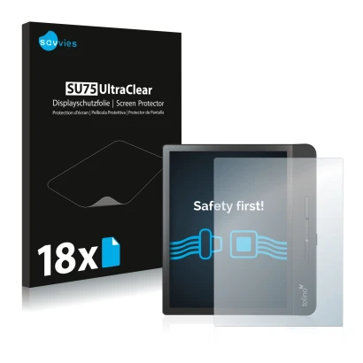 Vorderseite einer Produktverpackung mit dem Markenlogo Savvies. Daneben ist das Gerät Tolino Epos 2 mit dem zugehörigen Displa