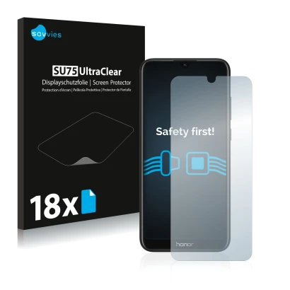 Vorderseite einer Produktverpackung mit dem Markenlogo Savvies. Daneben ist das Gerät Honor 8A mit dem zugehörigen Displayschu