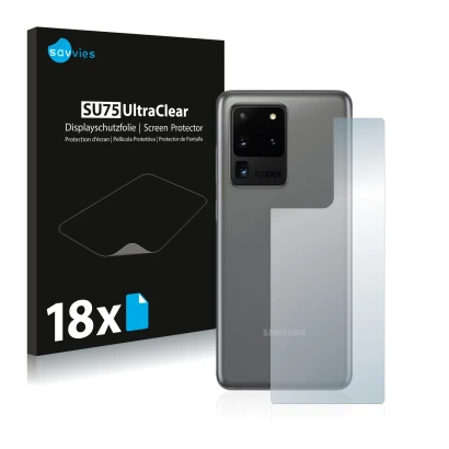 Vorderseite einer Produktverpackung mit dem Markenlogo Savvies. Daneben ist das Gerät Samsung Galaxy S20 Ultra (Rückseite) mit