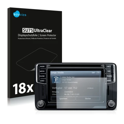 Vorderseite einer Produktverpackung mit dem Markenlogo Savvies. Daneben ist das Gerät Volkswagen Caddy 2015 Discover Media 6.5