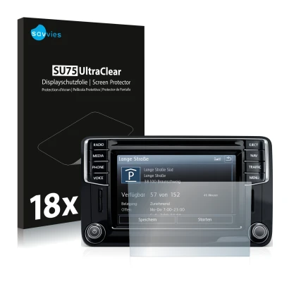 Vorderseite einer Produktverpackung mit dem Markenlogo Savvies. Daneben ist das Gerät Volkswagen Amarok Discover Media 6.5" 20