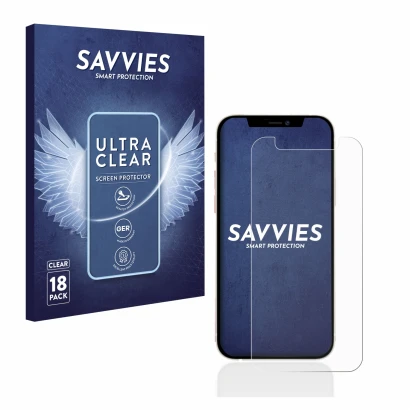 Vorderseite einer Produktverpackung mit dem Markenlogo Savvies. Daneben ist das Gerät Apple iPhone 12 mini mit dem zugehörigen