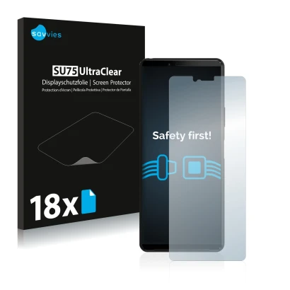 Vorderseite einer Produktverpackung mit dem Markenlogo Savvies. Daneben ist das Gerät Sony Xperia 10 II mit dem zugehörigen Di