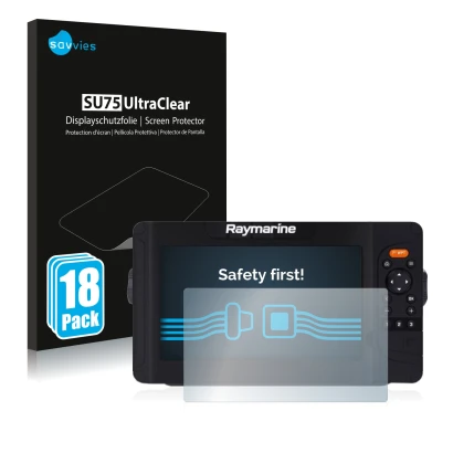 Vorderseite einer Produktverpackung mit dem Markenlogo Savvies. Daneben ist das Gerät Raymarine Element 7 HV mit dem zugehörig