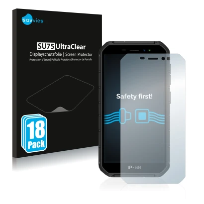 Vorderseite einer Produktverpackung mit dem Markenlogo Savvies. Daneben ist das Gerät Ulefone Armor X7 Pro mit dem zugehörigen