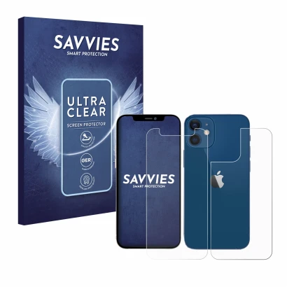 Vorderseite einer Produktverpackung mit dem Markenlogo Savvies. Daneben ist das Gerät Apple iPhone 12 mini (Display+Rückseite)