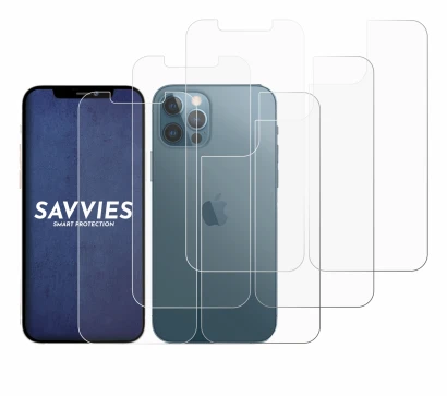 Abbildung des Geräts Apple iPhone 12 Pro Max (Display+Rückseite) mit einer Vielzahl des Displayschutzes.