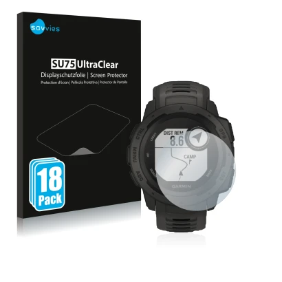 Vorderseite einer Produktverpackung mit dem Markenlogo Savvies. Daneben ist das Gerät Garmin Instinct Solar mit dem zugehörige